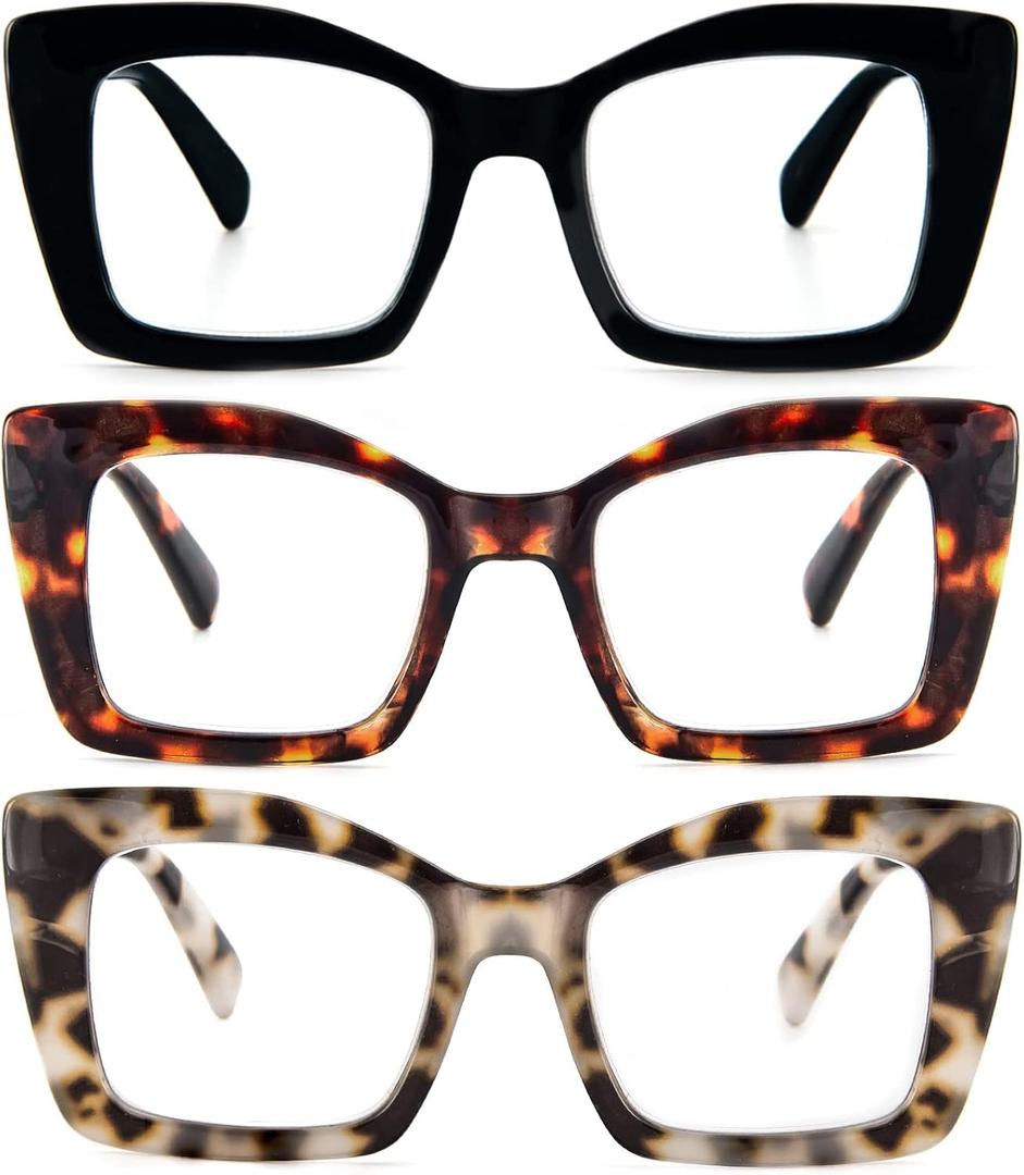 REAVEE 3 Pack Oversized Square Reading Glasses Oprah Style for Women, Blue Light Blocking Large Frame Computer Designer Fashion Readers with Spring Hinge (Black/ Tortoise/ Grey Tortoise, 2.75)
