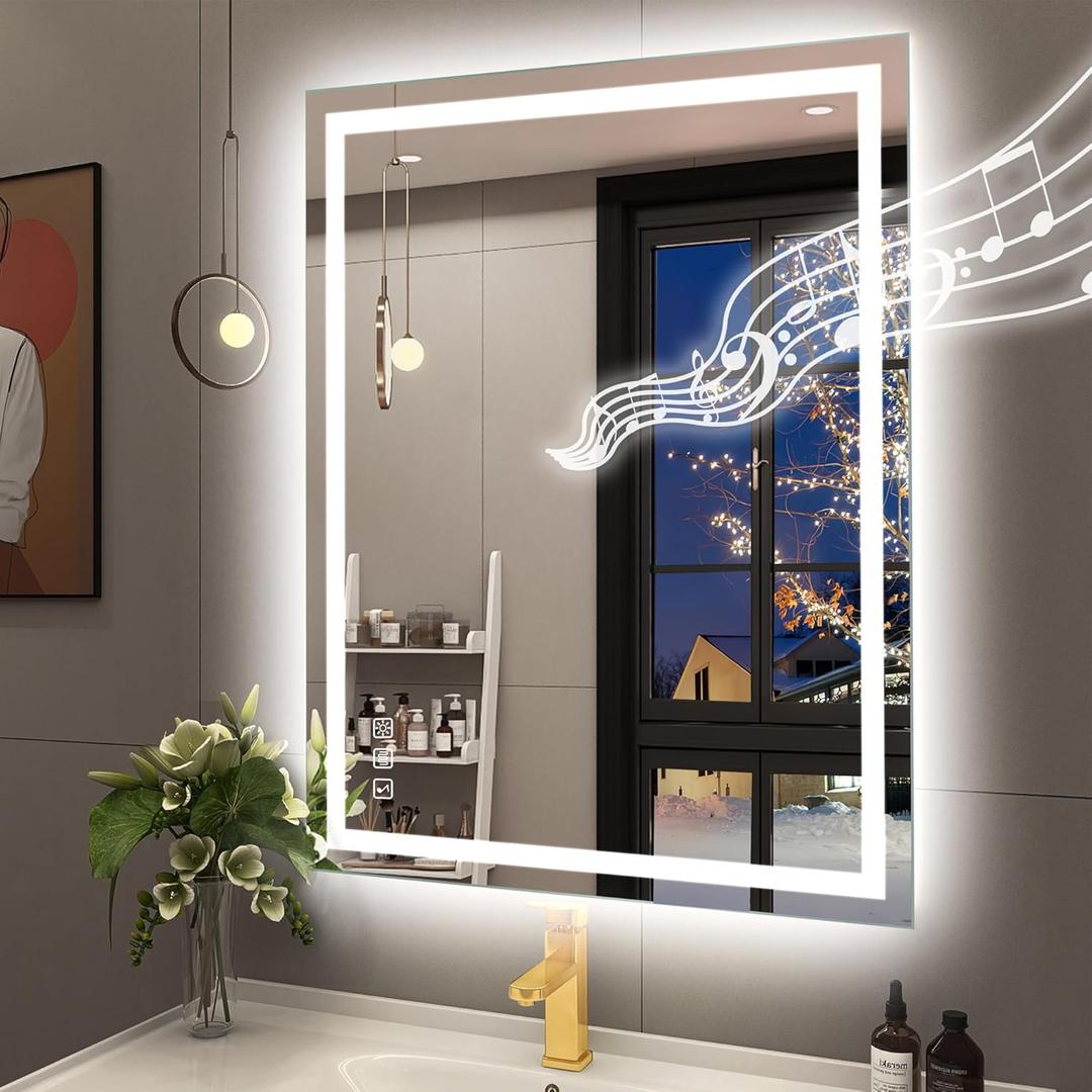STARLEAD 28"x36" Bluetooth LED Bathroom Mirror with Dimmable Lighting, 3 Color Temperature, Anti-Fog, Touch Control, Wall Mounted Vanity Mirror for Daily Routines