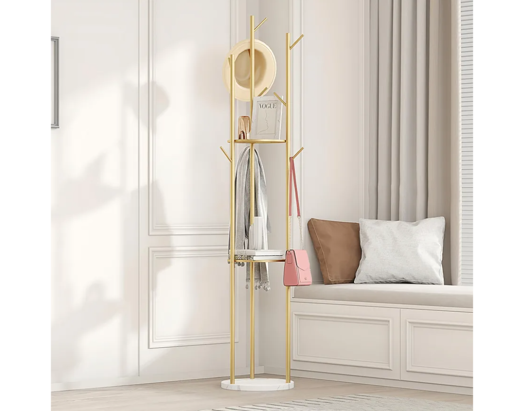 Gold Coat Rack Stand, Metal Coat Racks Tree Hanger Freestanding with 3 Storage Shelves and 9 High-grade Hooks and Stable Marble Base, for Jackets, Hat, Umbrella Gold Coat Rack Stand, Metal Coat Racks Tree Hanger Freestanding with 3 Storage Shelves and 9 High-grade Hooks and Stable Marble Base, for Jackets, Hat, Umbrella