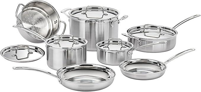 Cuisinart 12-Piece Cookware Set, MultiClad Pro Triple Ply Stainless Steel Cookware Set, Heat Surround Technology, Cool Grip Stick Handles, Oven Safe Up to 500°F, MCPS-12N, Silver