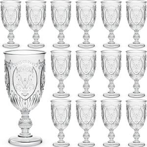 Wiwiqing 24 Pcs Plastic Goblets 7.5oz Vintage Goblet Plastic Wine Glasses Colored Retro Embossed Water Goblets for Wine Bar Juice Baby Shower Wedding Reception Grand Event Party (Clear)