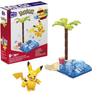 MEGA Pokemon Action Figure Building Toys Set, Pikachu's Beach Splash with 79 Pieces, 1 Poseable Character, Gift Idea for Kids
