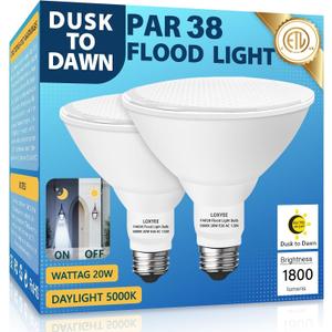4 Pack LED PAR38 Dusk to Dawn Flood Light Bulbs Outdoor ，20W(200W Equivalent) E26 Base Flood Light Bulbs,5000K Daylight 1800 Lumens LED Flood Light for Outdoor Garden,Garage,Yards