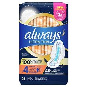 Always Ultra Thin Overnight Pads with Wings, Size 4, Overnight, 26 Count (1 Packs of 26)