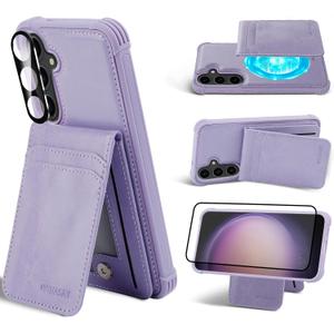 MONASAY Magwallet Case Fit for Samsung Galaxy S24 Plus [Wireless Charging] [Lens & Glass Screen Protector Included] Flip Folio Magnetic Leather Phone Cover with Detachable Card Holder, Lavender