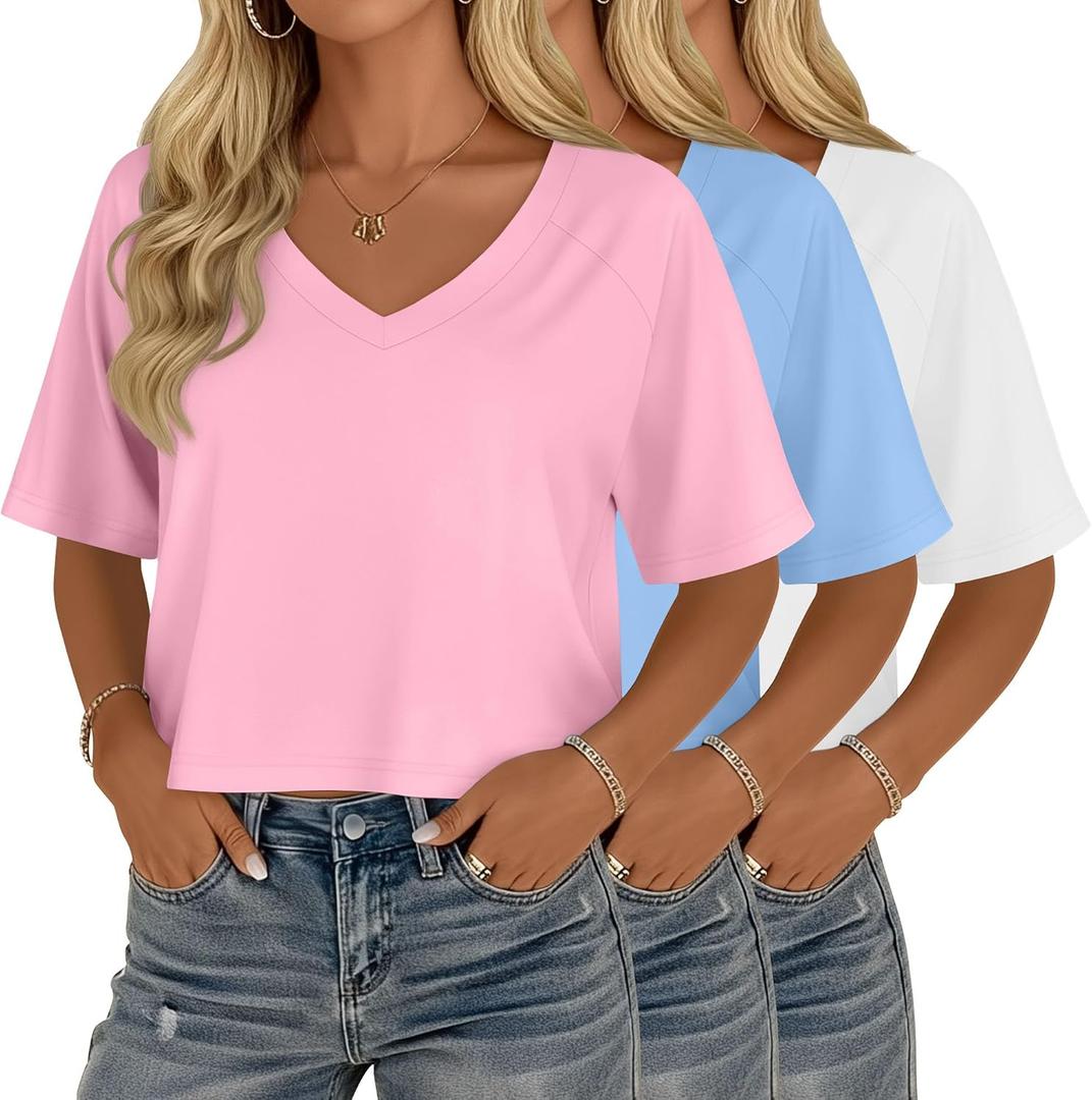 3 Pack Women's Cropped Tops V Neck Half Sleeve Crop T-Shirts Raglan Sleeve Loose Fit Casual Summer Basic Tees (Gray, S)
