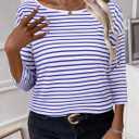 LilyCoco 3/4 Length Sleeve Womens Tops Boat Neck Striped Shirt Long Cotton Tshirts Blue Medium (Blue, M)