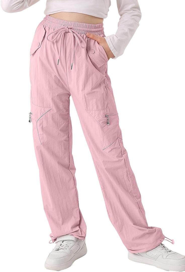 Cargo Pants for Girls Parachute Baggy Joggers Elastic Waist Wide Leg Hip Hop Dance Outfits Size 7-14 (13-14 Years, Pink)