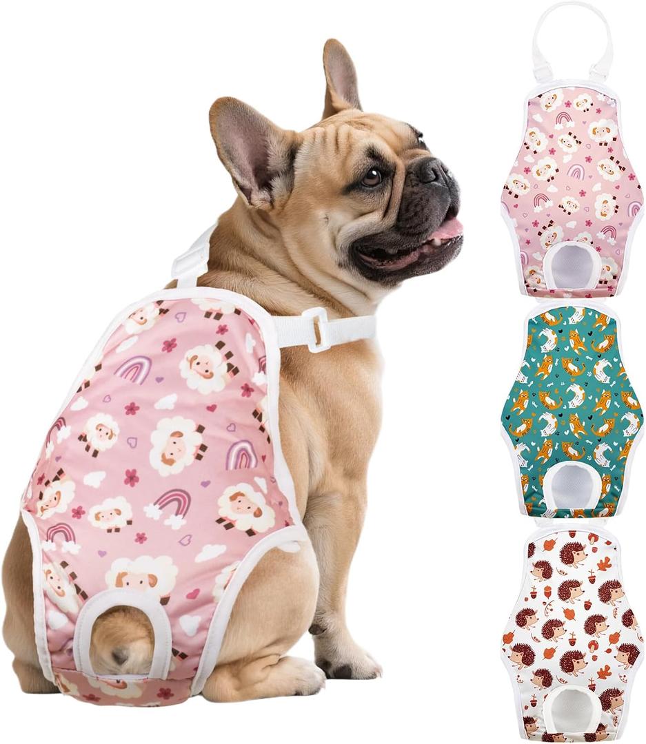 3 Pack Washable Female Dog Diapers Sanitary Pantie with Adjustable Suspender, Reusable Doggy Diapers Super Absorbent Leakproof for Dog in Heat(S, Animal)