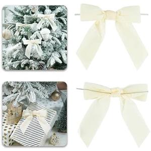 Ivory Velvet Ribbon Christmas Bow 5 Inch Premade Cream Bows for Christmas Tree Hanging Decorations Gift Wrapping Wreaths Crafts Outdoor Indoor Home Decor Wedding, Pack of 12