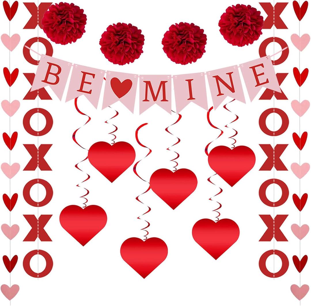 21 Pcs Valentines Day Decorations Set - Be Mine Banner, Hanging Ornaments, Paper Pom - Poms, Heart Garland Banner for for Valentine's Day, Weddings, Engagement Party