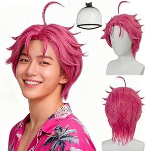 IMEYLE Short Hot Pink Wig Dark Pink Anime Wig for Men Costume Cosplay Wigs Mens Wigs for Cosplay Costume Outfit Halloween Dance Stage Party Daily Use + Hair Cap