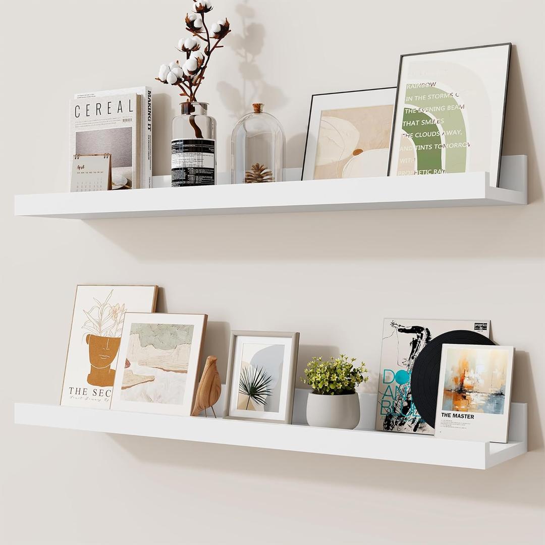 Heimlove Picture Ledge Shelf,24 inch Long Floating Shelves for Wall Set of 2,White Picture Shelf with Lip for Wall Decor,Living Room,Bedroom,Bookshelf,Nursery,Perfume