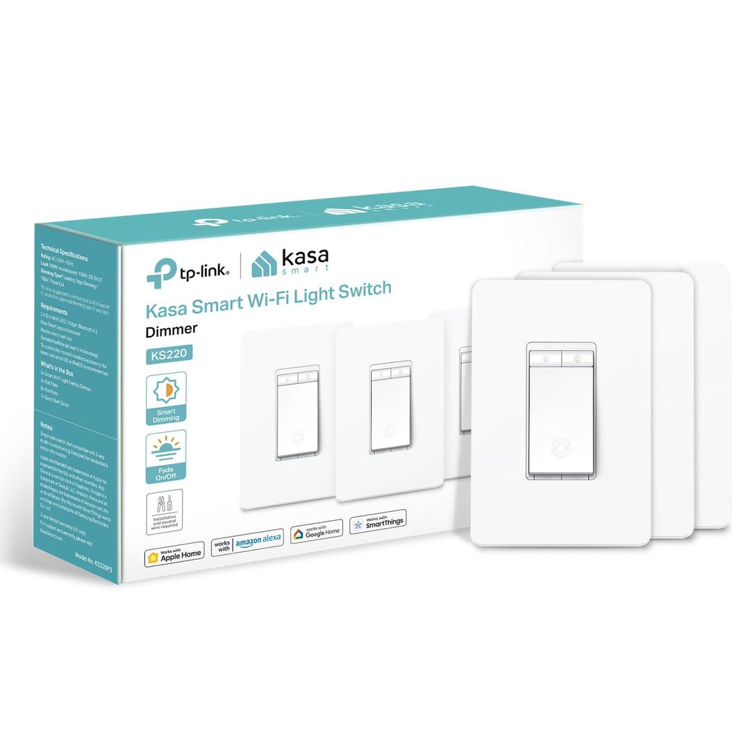 Kasa Apple HomeKit Smart Dimmer Switch KS220P3, Single Pole, Neutral Wire Required,2.4GHz Wi-Fi Light Works with Siri, Alexa and Google Home,UL Certified, No Hub Required,White, 3 Count (Pack of 1)