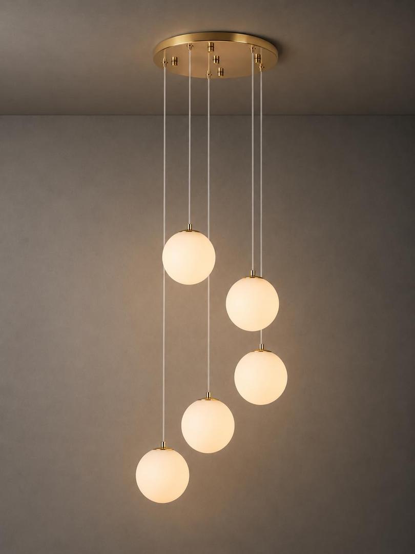 Gold Globe High Ceiling Chandelier - 5-Light 360° Statement Focal Point
