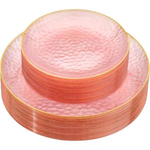 Rubtlamp 60Pcs Pink Plastic Plates,Clear Pink Plates With Gold Rim,Hammered Gold Plates Include 30Pink Plastic Dessert Platos, 30Gold Dinner Platos For Party