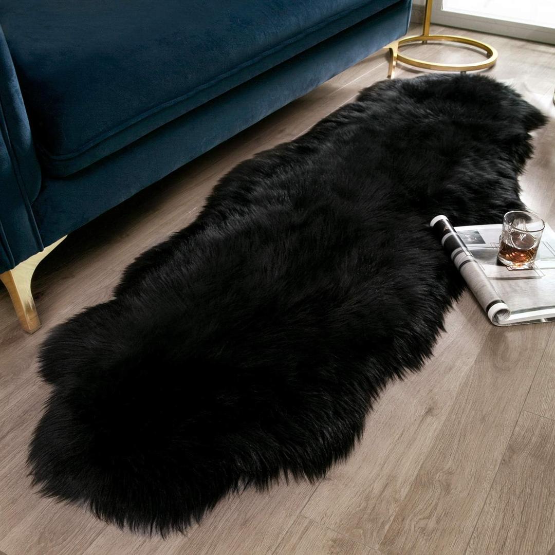 Ashler Faux Fur Rug, Black Area Rugs, Fluffy Sheepskin Fur Rug, Fuzzy Ultra Soft 2 x 6 Ft Rugs, Machine Washable Shag Rug, Nursery Throw Rugs for Bed, Living, Kids Room