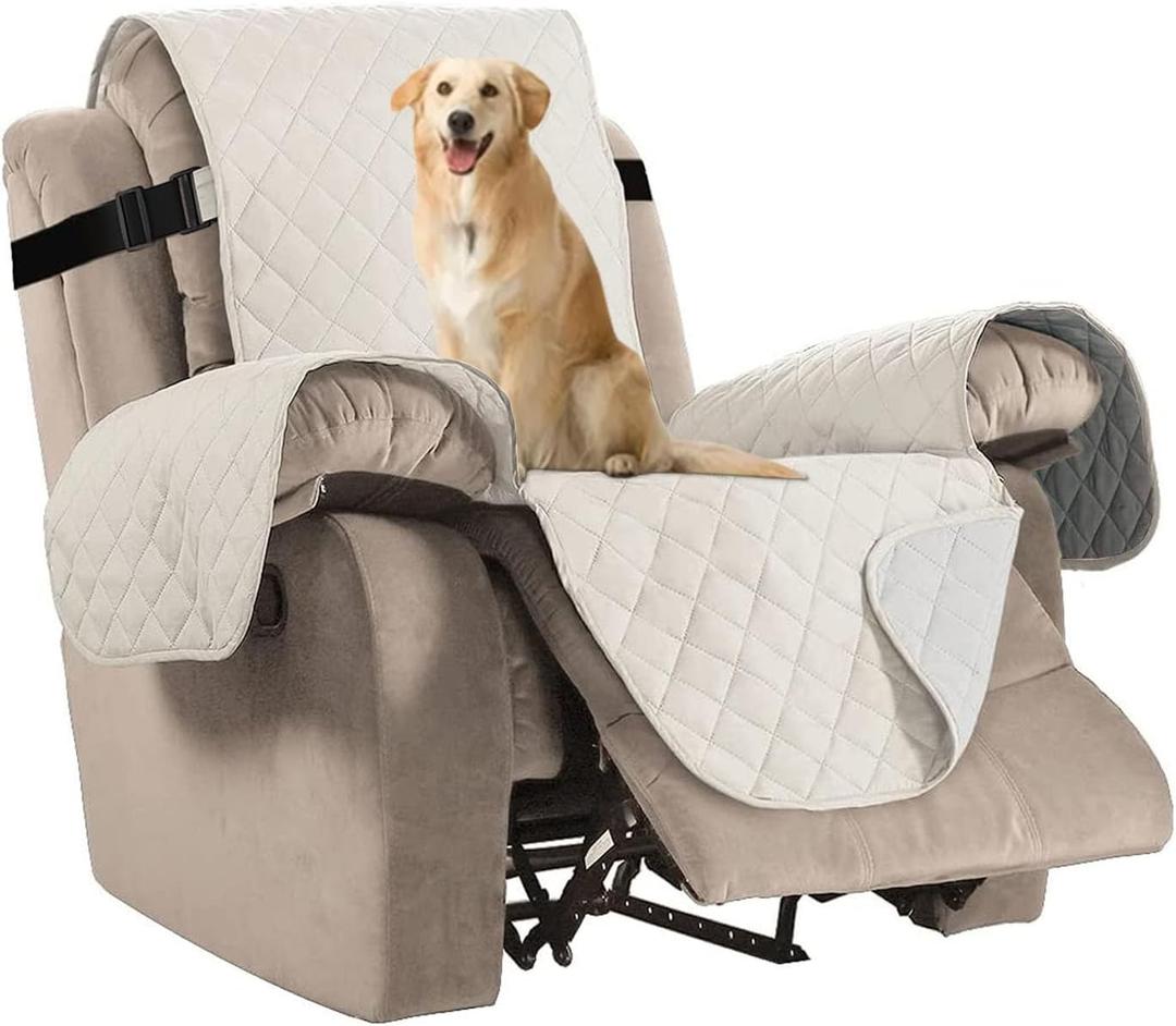 H.VERSAILTEX Reversible Quilted Recliner Covers Recliner Chair Cover Water Resistant Furniture Protector Washable Couch Cover with Elastic Straps for Kids, Pets (Recliner, Ivory/Beige)
