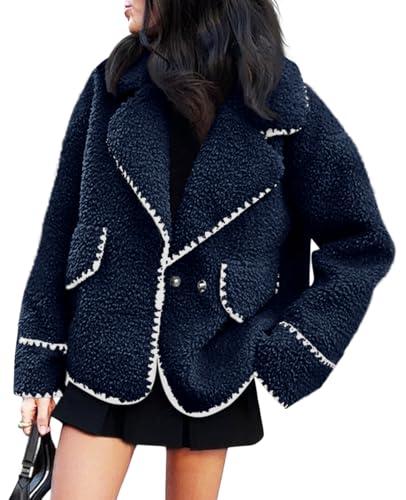 Cicy Bell Womens Sherpa Fleece Jacket Casual Collar V Neck Fuzzy Coats Contrast Trims Open Front Winter Outwear S