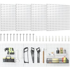 Peg Board, 1616Large Heavy Duty Metal Pegboard Panels with Frame White PegBoard Display 4 Packs Peg Boards for Walls, Display, Garage Tool Storage, Office Organization, Craft Room, Kitchen