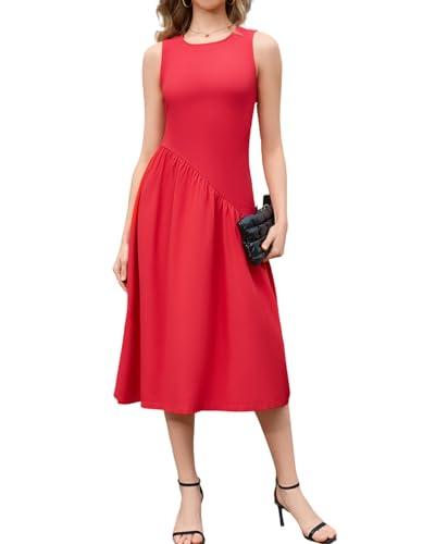 ZTC Elegant Summer Sleeveless Dress for Women, Casual A-line Midi Dress with Ruffle Hem, Perfect for Outdoor Cocktail Red M