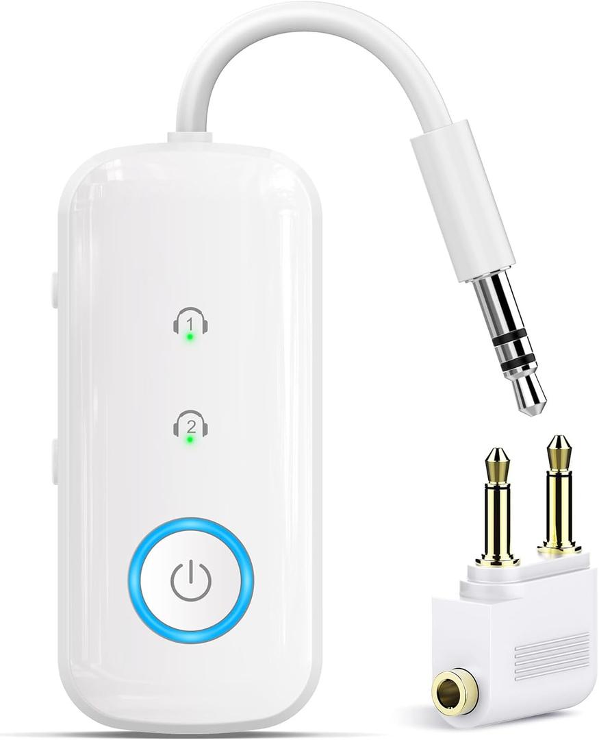 Premium Pro Bluetooth 5.4 Transmitter Receiver, Airplane Audio Adapter, Wireless Transmitter for TV/Travel Flight, Airline, Gym. Compatible with 2 Air Pods / Headphones, Bluetooth Receiver for Car/Home Stereo (White)