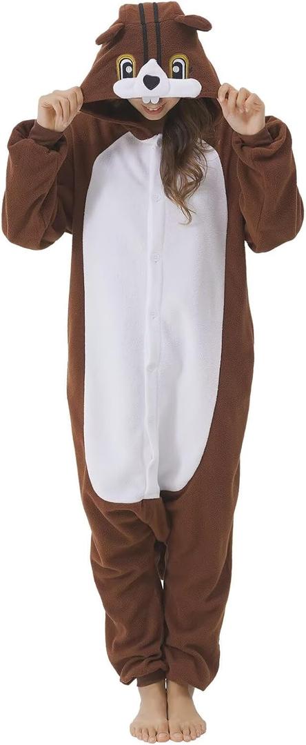 Unisex Adult Onesie Pajamas, Animal Halloween Costume, One-Piece Cosplay Sleepwear for Men and Women (Medium, Squirrel)