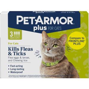 PetArmor Plus Flea and Tick Prevention for Cats, Cat Flea and Tick Treatment, 3 Doses, Waterproof Topical, Fast Acting, Cats Over 1.5 lbs (3 Count) PetArmor Plus Flea and Tick Prevention for Cats, Cat Flea and Tick Treatment, 3 Doses, Waterproof Topical, Fast Acting, Cats Over 1.5 lbs (3 Count)
