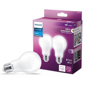 Philips LED 100W A19 2-Pack Ultra Definition Daylight (5000K) 1500 Lumen (11.5W = 100W) Dimmable Frosted Flicker-Free Light Bulbs
