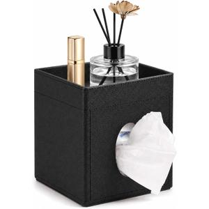 LAMOTI Leather Tissue Box Cover with Storage Tray, Square Facial Tissue Box Holder for Bathroom, Office Table, Countertop, Night Stand & More (Black)