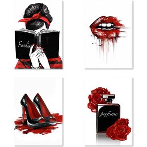 Facioro Fashion Woman Canvas Wall Art, Red Wall Decor for Bedroom Decor, Red and Black Art Posters, Girls Room Decor, Black and Red Fashion Poster (03)