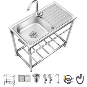 Outdoor Utility Sink,Free Standing Stainless Steel Laundry Tub, Single Bowl Portable Washing Hand Basin Station,fish Cleaning Table&Storage Shelves for Garage, Restaurant, Kitchen,Camping, Backyard