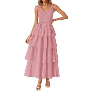 ZESICA Women's 2026 Summer Boho Sleeveless Midi Dress Scoop Neck Ruffle Tiered Layered Swing Long Beach Vacation Dresses (Pink, L)