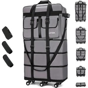 130L Expandable Luggage, 40 Inch Suitcase with Wheels, Collapsible Luggage with Wheels, Rolling Duffle Bag with wheels, Foldable Suitcasewith2Handle Wrap 2Fixing Straps 1Shoulder Strap (Gray), Large