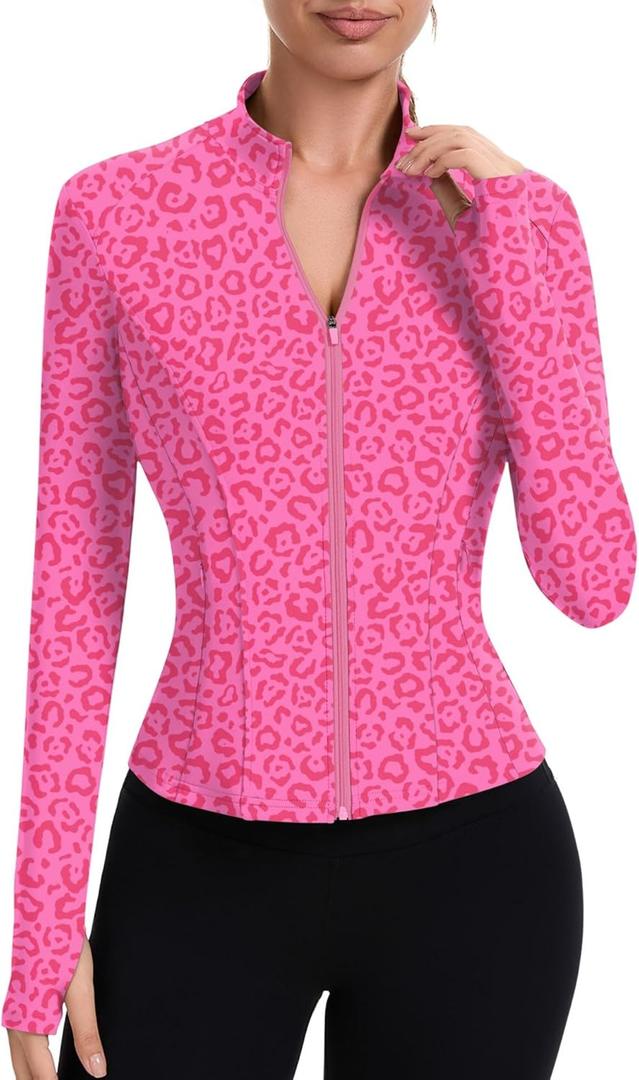 ZHENWEI Workout Jackets for Women Full Zip Up Cropped Athletic Long Sleeve Lightweight Slim Fit Running Tops with Pockets (Pink, XL)