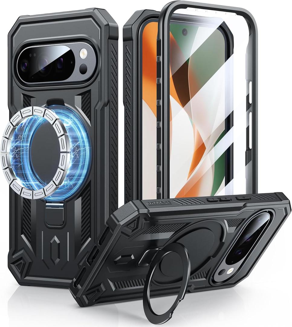 FNTCASE for Google Pixel 10-Pro-XL Case: for 9 Pro XL Case with Ring Holder Magnetic Kickstand Military Grade Shockproof Protective Rugged Cell Phone Cover 5G - 6.8 Inch (Black)