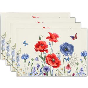 4th of July Placemats Set of 4 Red Blue Floral Patriotic Washable Non-Slip Heat Resistant Place Mats America Memorial Day Independence Day Table Mats 12x18 Inch