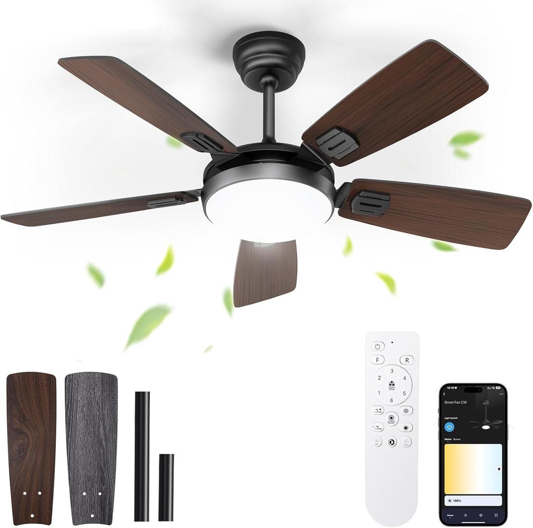 Ceiling Fans with Lights and Remote/APP Control,42" Flush Mount Ceiling Fan with Quiet Reversible Motor, 3 Colors Dimmable, 6 Speeds, Timing, Memory Function for Bedroom Home Office (Walnut)