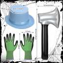 3 Pcs Halloween Costume for Men Included Blue Top Hat Green Textured Gloves and Bloody Inflatable Axe Dumber Costume for Women Adults Halloween Props Accessories