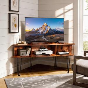 Corner TV Stand for TV, Entertainment Center with Storage Cabinet, Industrial Media Console Table with High Metal Feet and Anti-Slip Pads, Corner TV Stand for Living Room, Brown