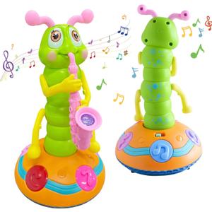 Dancing Caterpillar Saxophone Music Toy, Children's Electric Caterpillar Wriggle Baby Sensory Musical Toys for Kids Easter Day with LED Lights 1PCS Pink