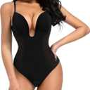 Decorus Women's Low Back Shapewear Tummy Control Deep V Neck Backless Body Shaper Plunge Thong Bridal Bodysuit Built in Bra, Medium, Black
