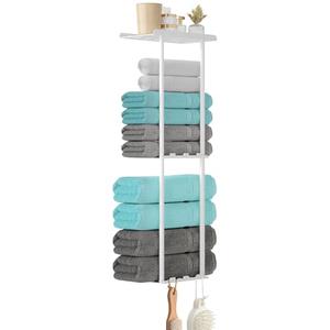 KISENG Towel Racks for Bathroom, 3 Tier Metal Towel Holder, with Shelf & 6 Hooks, 29 inch Wall Mounted Towel Storage, 6 Large Bath Towels Capacity,Small Bathroom Towel Rack for Rolled Towels, White