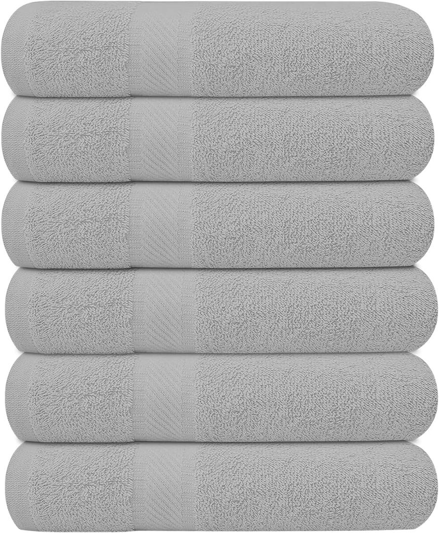 KAHAF COLLECTION 6 Pack Bath Towels Set (27 x 54 Inches) 100% Ring Spun Cotton, Lightweight, Quick Dry, Highly Absorbent Towels (Light Grey, (27x54) Inches)