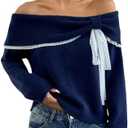 SOLY HUX Women's Off The Shoulder Sweater Pullover Lace Bow Tie Long Sleeve Knit Aesthetic Top, Medium
