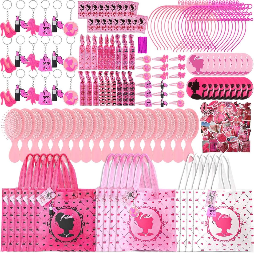 HyDren 147 Pcs Pink Girls Party Favors Hot Pink Princess Birthday Party Supplies Include Bag Crown Headband Comb Keychain Round Mirror Hairpin Card Sticker Hair Clip Bandaged Silk for Girls Guests