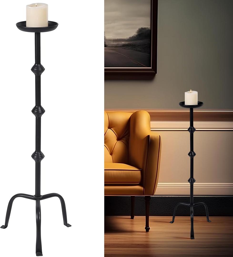 Mumufy 1 Pcs 32 Inch Metal Candlestick Floor Pillar Candleholder Elegant Tall Candleholder Metal Candelabra Candlesticks Holder for Formal Events Wedding Church Holiday Decor (Black)