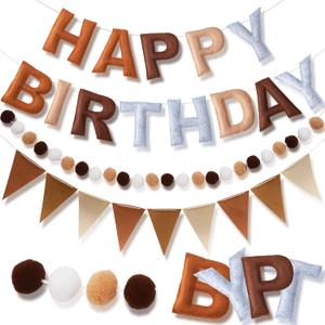 Neutral Felt Happy Birthday Banner, Pre-Strung Happy Birthday Sign with Pom Pom Garland & Reusable Pennant Streamers Banner Bunting for Bear Baby Shower