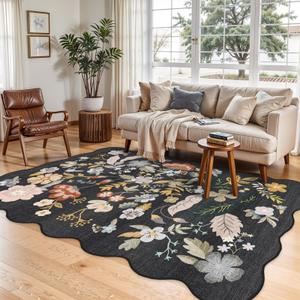 Scalloped Area Rugs 5x7: Non-Slip Washable Living Room Rug Black