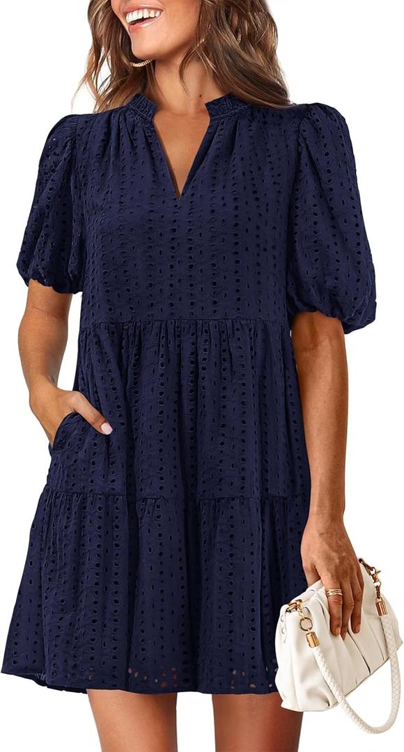 KIRUNDO Eyelet Summer Dresses for Women 2025 Mini Casual Hollow Out Short Sleeve Lace Tiered V Neck Shift Dress Pockets (Medium)